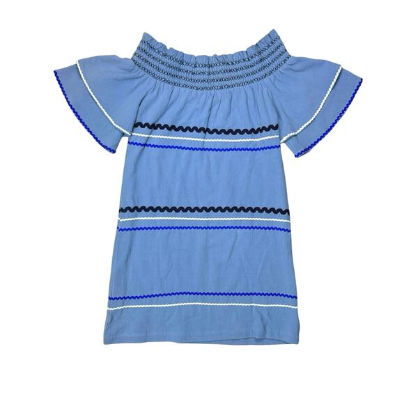 Mud Pie NWT Finnigan Blue Smocked Off the Shoulder Ric Rac MIni Dress Coastal - Picture 9 of 11